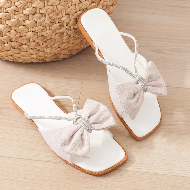 Women's Slippers Summer New Low Heel Square Bow Drill Strip Open Toe Sandals Casual Comfortable Soft Sole Non-slip Slippers