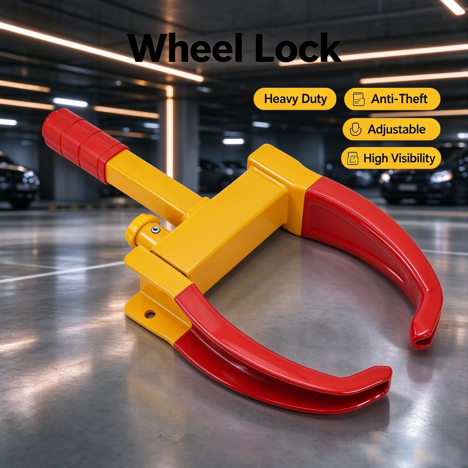 Stainless steel heavy duty tire lock. Nine-hole adjustable. Fits cars, trucks, RVs, trailers, bikes, motorcycles.