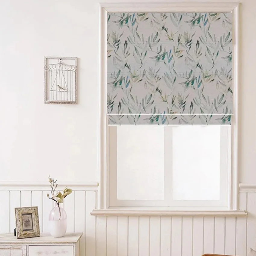 

Pastoral Motorized Green Leaves Flat Roman Shades Customized Roman Blinds For Home Easy To Install