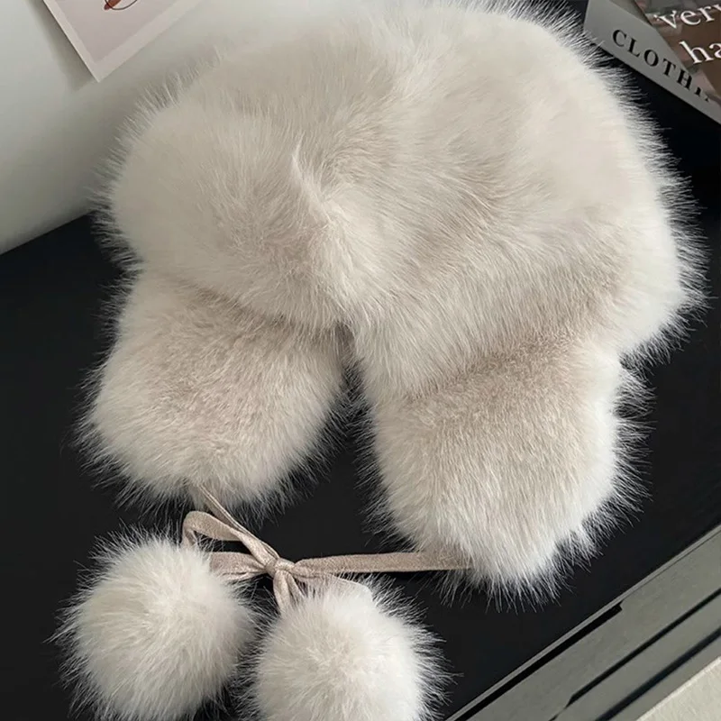 Imitation Mink Sable Velvet Plush Hat Japanese Female Kawaii Winter Thickened Warm Lace-up Hairball Ear Protection Caps Ski Cap