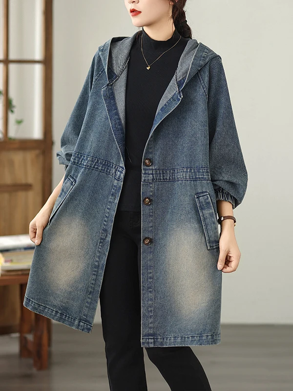 

SuperAen, осень 2024, новый свободный и утягивающий однобортный джинсовый плащ с трехмерным карманом и капюшоном, модный плащ