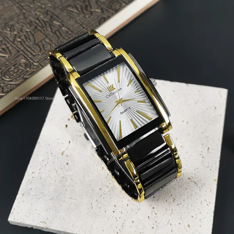 Керамические кварцевые мужские часы, модные роскошные прямоугольные наручные часы с календарем, черное золото, подарки для пары, часы Reloj Hombre