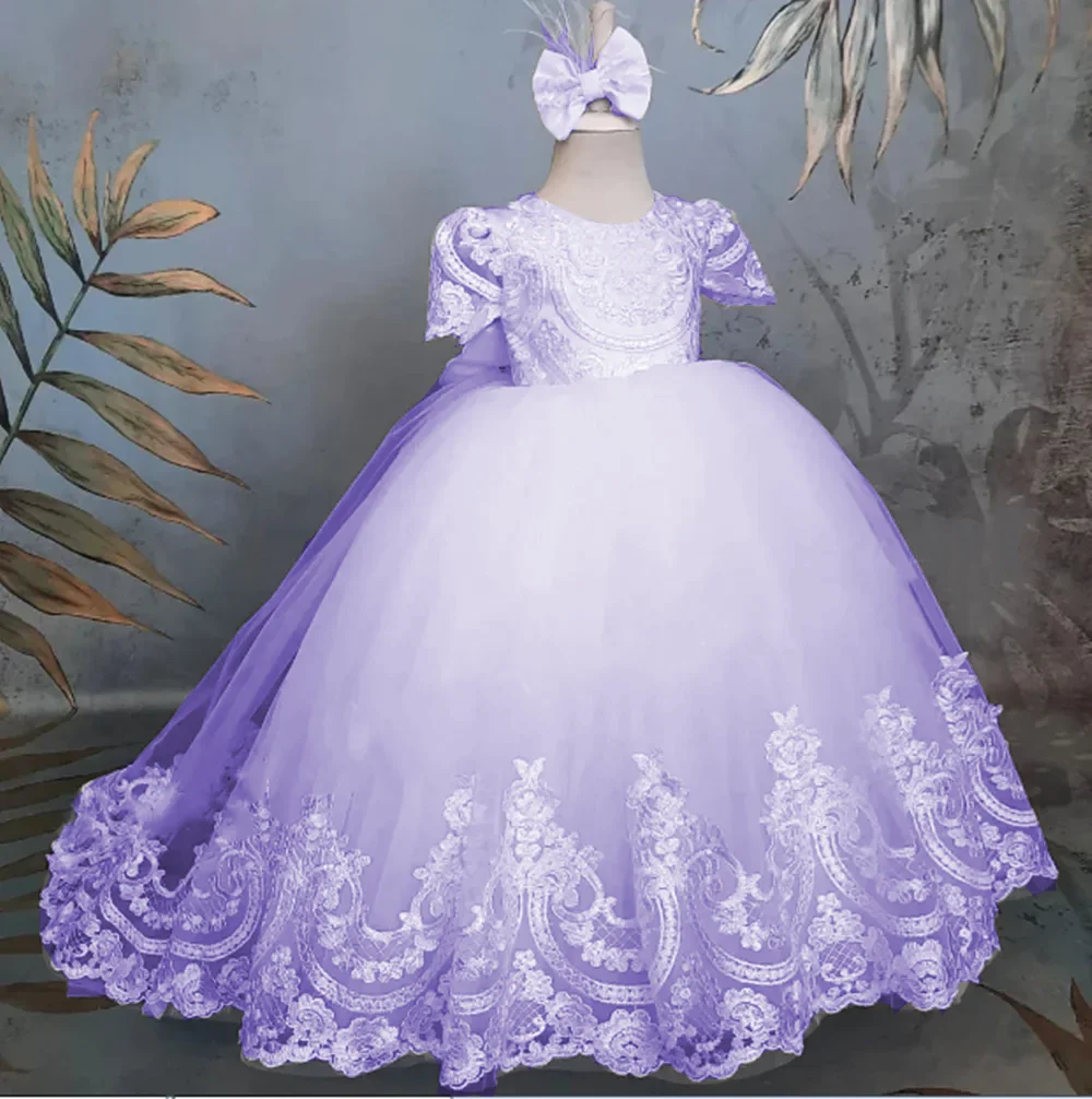 ชุดเดรสพิธีสำหรับเด็กผู้หญิงสีขาว แต่งลูกไม้ แขนสั้นฟูฟ่อง สำหรับงานรับศีลมหาสนิทครั้งแรก งานพรอม งานปาร์ตี้ และถ่ายภาพ