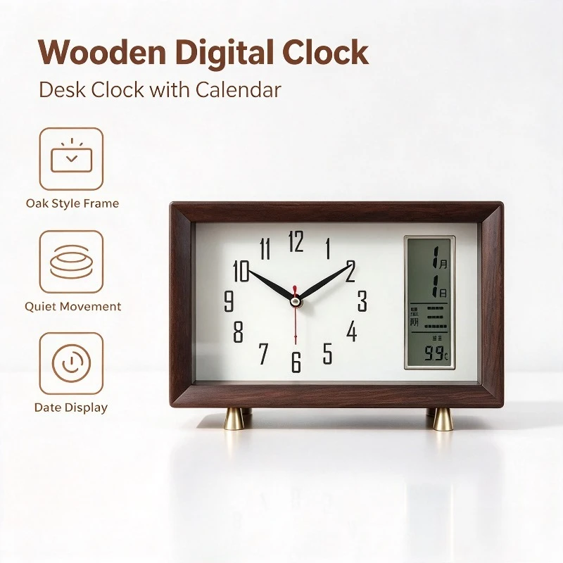 Nordic Oak Electronic Desk Clock, Simple Quartz Clock with Calendar Display, Retro Wabi Sabi New Chinese Vintage Style