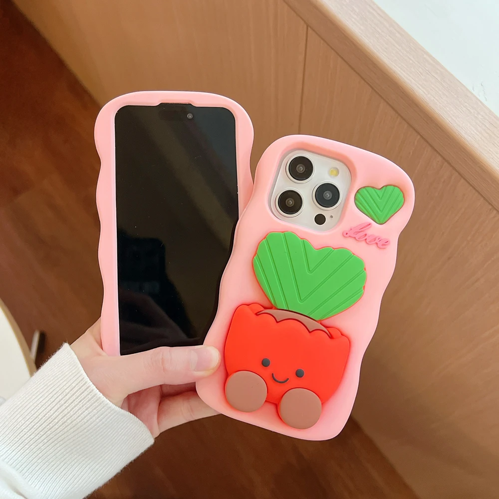 New Cute Cartoon Potted Plant 3D Telescopic Phone Holder Case for iPhone 13/14/15/16 pro Max plus Soft Silicone Back Cover Skin