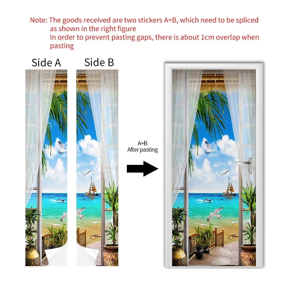 3D Tropical Beach Door Sticker Palm Tree Seaside Sunset Ocean Underwater Landscape Removable Self Adhesive Wallpaper Home Decor