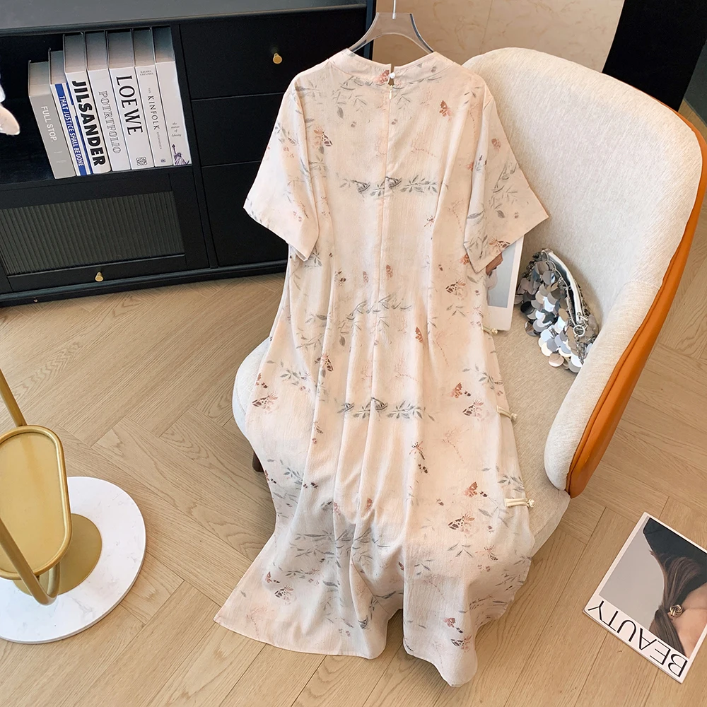 Summer new Chinese style dress Cheongsam collar buckle decoration casual long dress slit hem plus size loose tea party dress