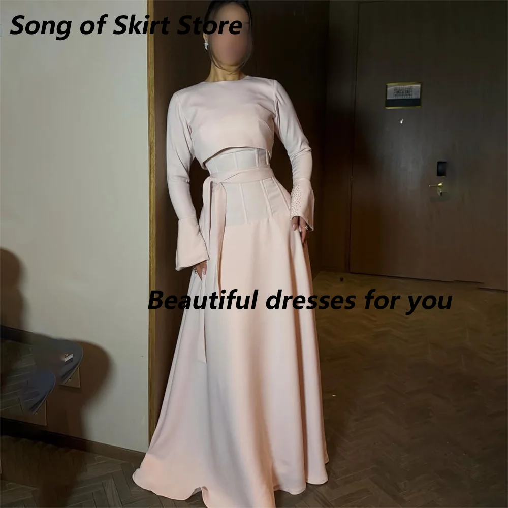 

Elegant Pink Evening Dress Customized O-Neck Long Sleeves Sequin Jersey Evening Gown A Line Floor Length Prarty Dress Prom Gown