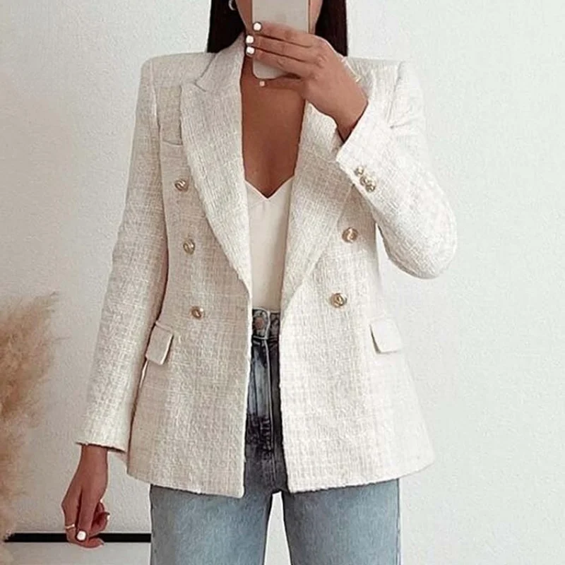 Women Clothing Jacket Spring Fashion Suits Double Breasted Tweed Blazer Coat Vintage Long Sleeve Female Outerwear Chic Top