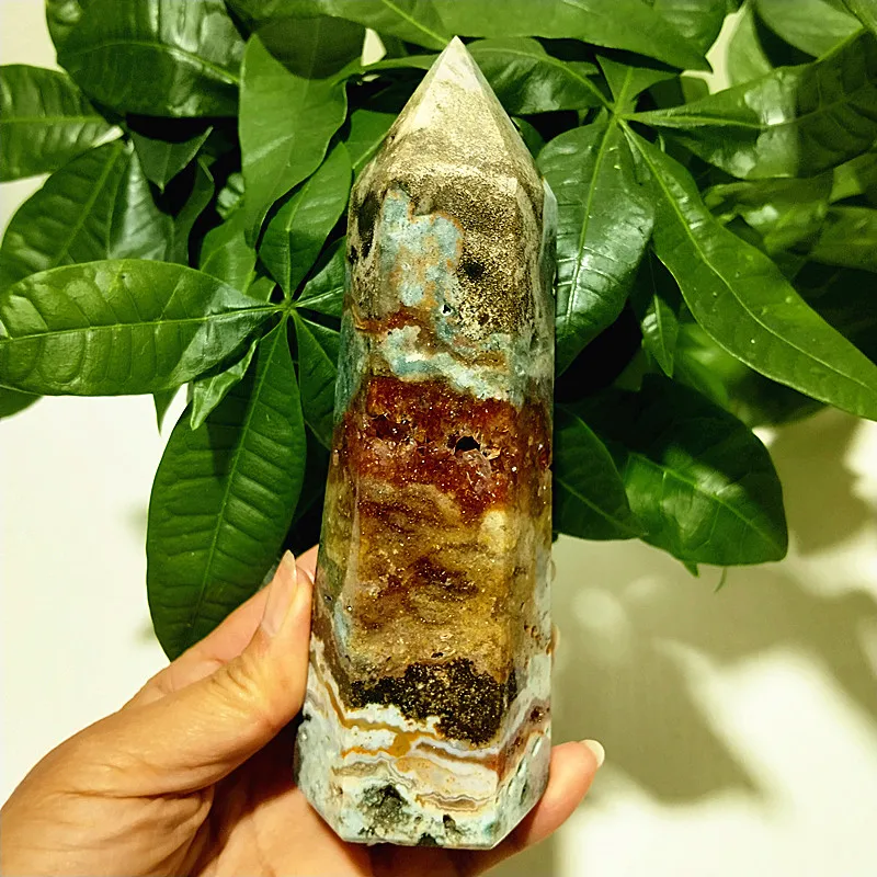 Natural Pretty Ocean Jasper Stones Tower Wand Point Energy Meditation Spiritual Healing Feng Shui Crystals Room Decortion