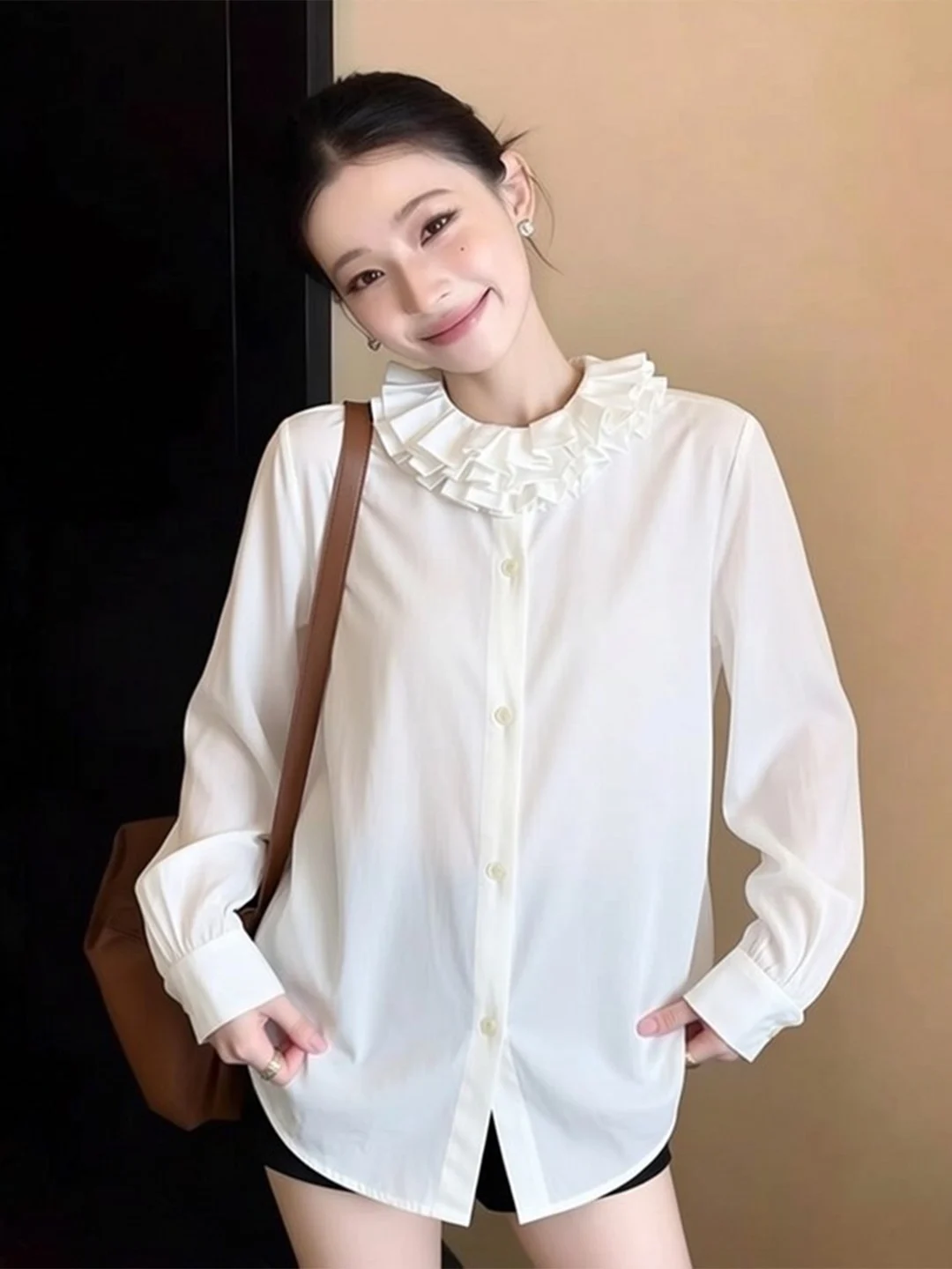 

Женская белая рубашка с длинным рукавом и воротником-стойкой, роскошный деловой топ, весна 2026, свободный крой, с пуговицами