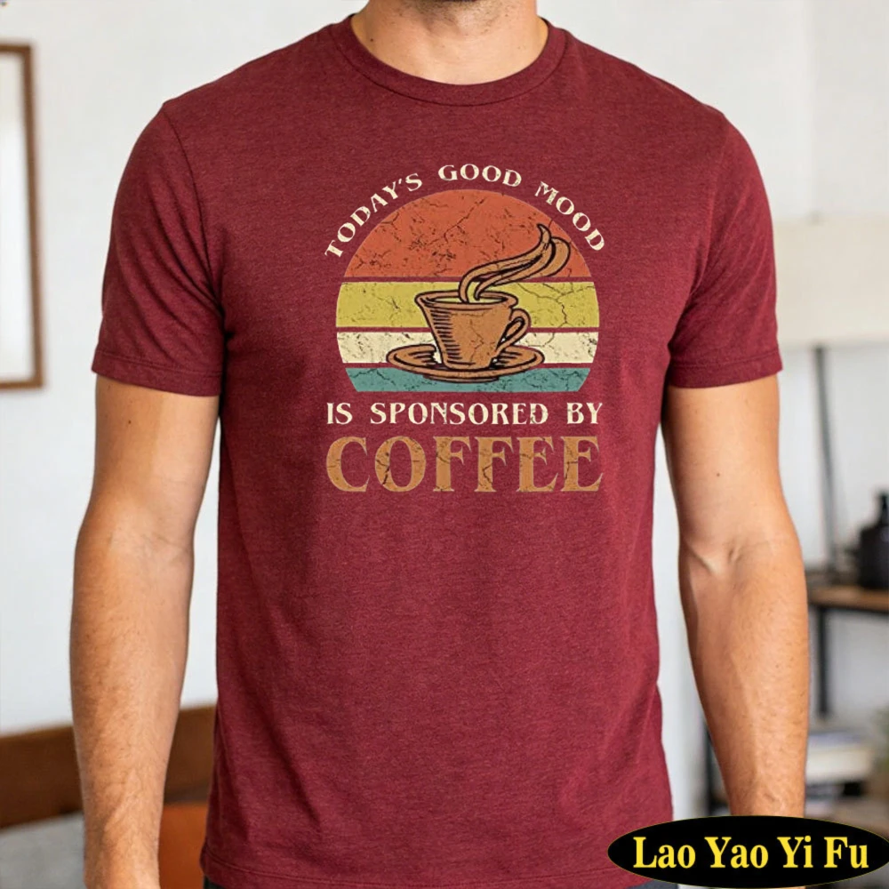 Today's Good Mood Is Sponsored By Coffee Men T Shirt Vintage Sunset Coffee Cup Retro Print Stylish Casual Mens Short Sleeve Top