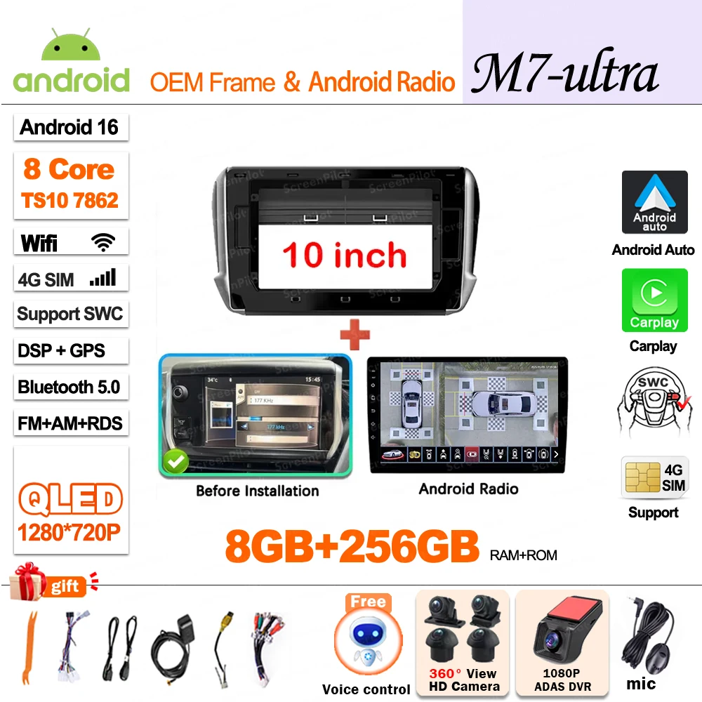Autoradio Multimedia Speler Voor Peugeot 2008 208 2014-2018 Draadloze CarPlay Android 16 Auto Intelligente Systemen Autoraido gereedschap