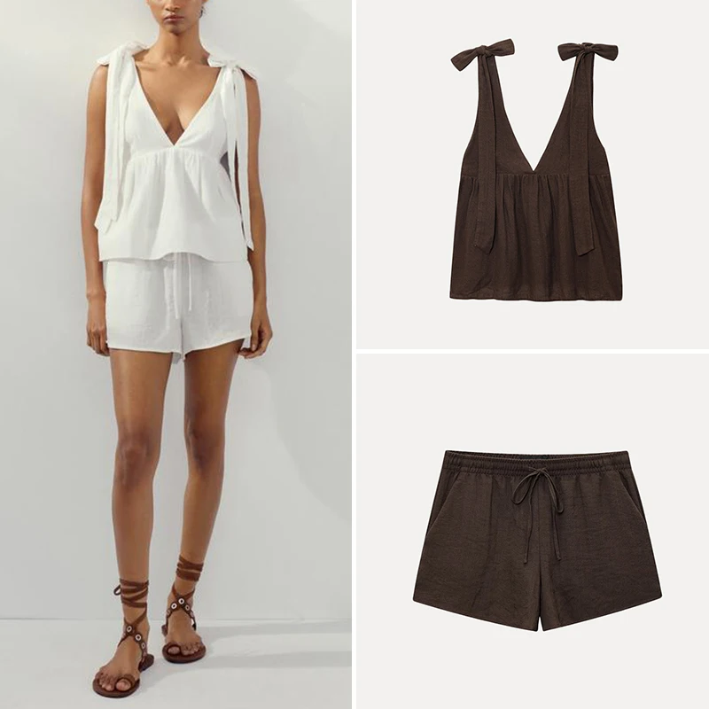 

Z Women's Knot Decorated orts Set Spring 2024 Faion Casual Polyester Fiber ort Sve V-Ne Top