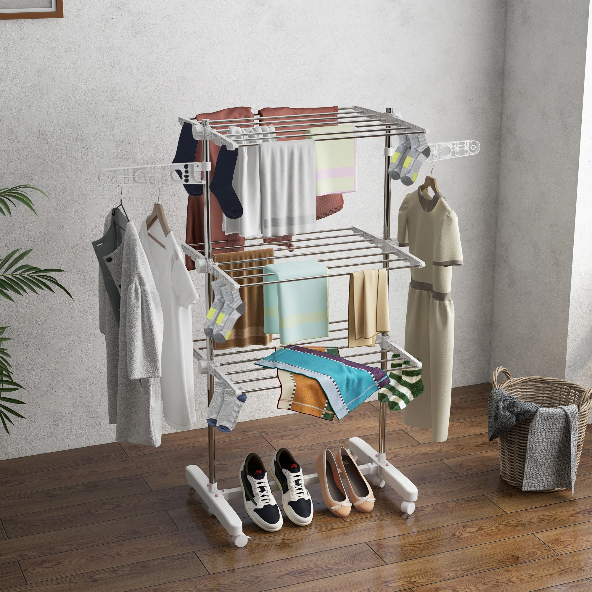 Séchoir à linge mobile, séchoir à vêtements pliable à 3 niveaux avec roulettes, design peu encombrant pour les petits appartements, ailes latérales réglables, construction robuste en acier, utilisation intérieure et extérieure