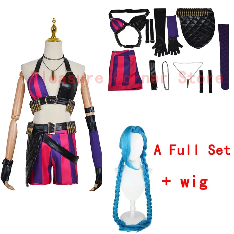 Game LOL Arcane Loose Cannon Jinx Cosplay Crit Costume Loli Jinx Cosplay Wig Outfit Wig Sexy Women Carnival Costume