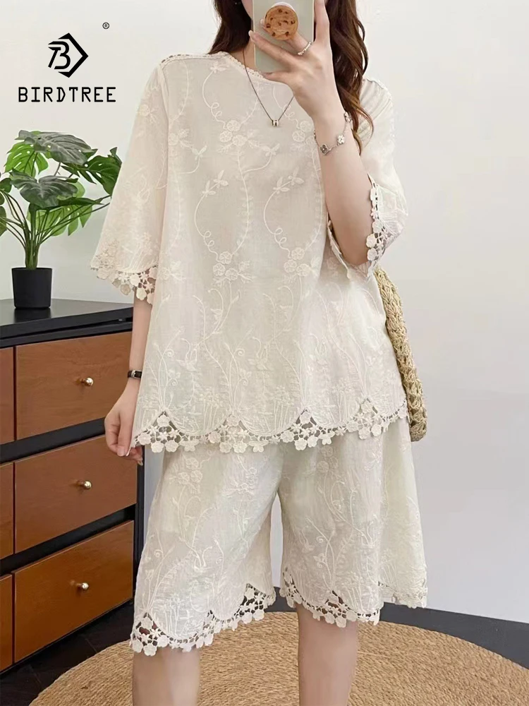

New 2026 Summer Women Cotton Two Piece Set, Half Sleeve Embroidery, Mori Girl French OL Preppy Style Loose Top Shorts S65360CC