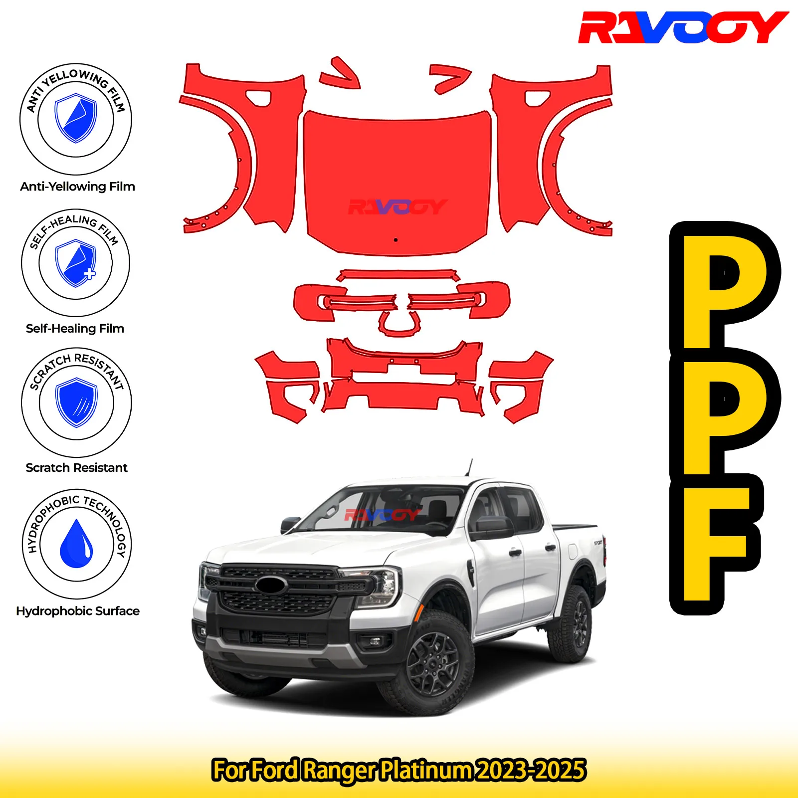 

Для Ford Ranger Platinum 2023-2025 глянцевая матовая черная предварительно вырезанная передняя защитная пленка PPF комплект