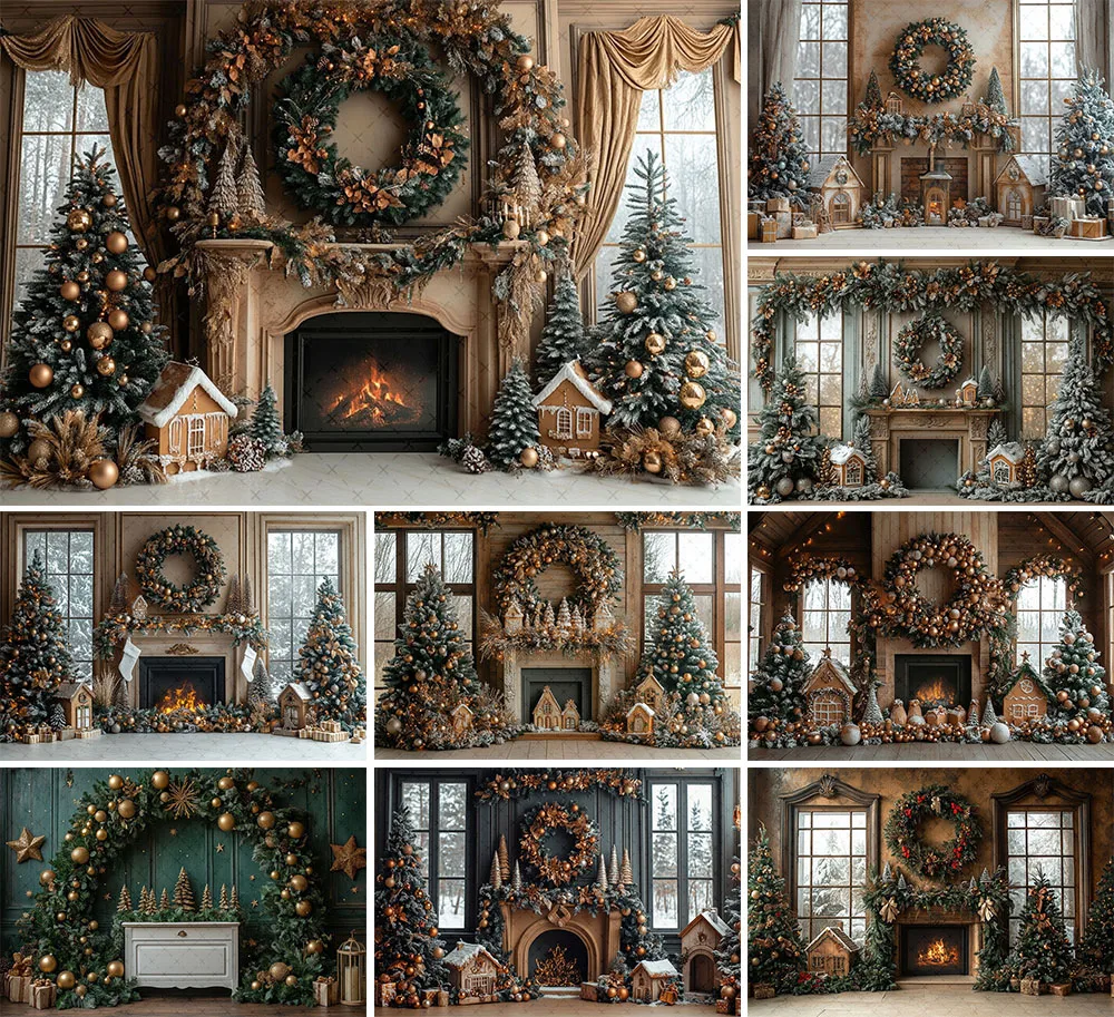 

Mehofond Photography Background Christmas Vintage Fireplace Windows Xmas Tree Kids Family Portrait Decor Backdrop Photo Studio