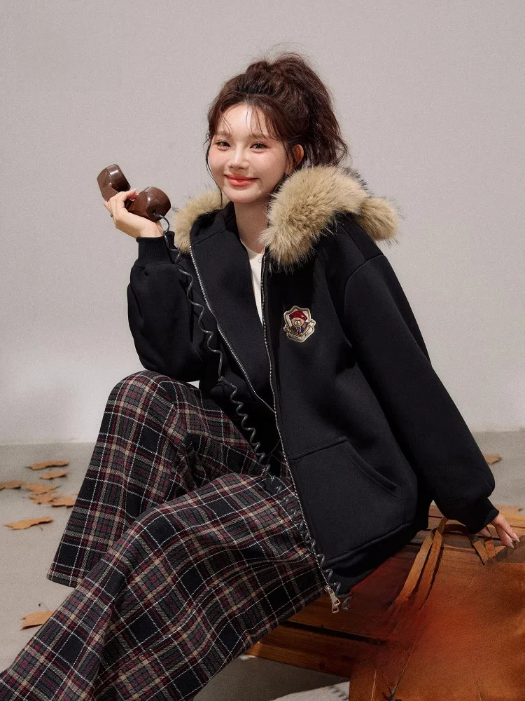 

Женский модный комплект больших размеров, темно-синие повседневные брюки в клетку с подкладкой, длинные брюки с высокой талией, корейские брюки для поездок на работу