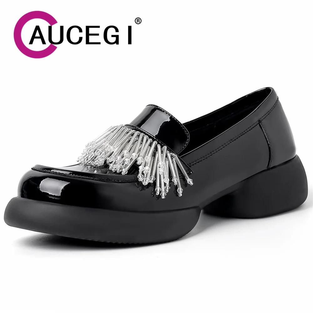 

Aucegi Luxury Beaded Platform Square High Heel Crystal Fringe Pumps Genuine Leather Round Toe Gorgeous Banquet Shoes Pink Black