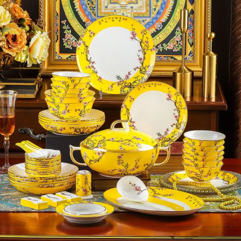Phnom Penh dish set household high-end court bowl enamel colored bone china