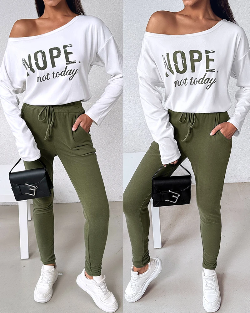 Women Two Pieces suits Nope Not Today Print Top & Drawstring Pants Set