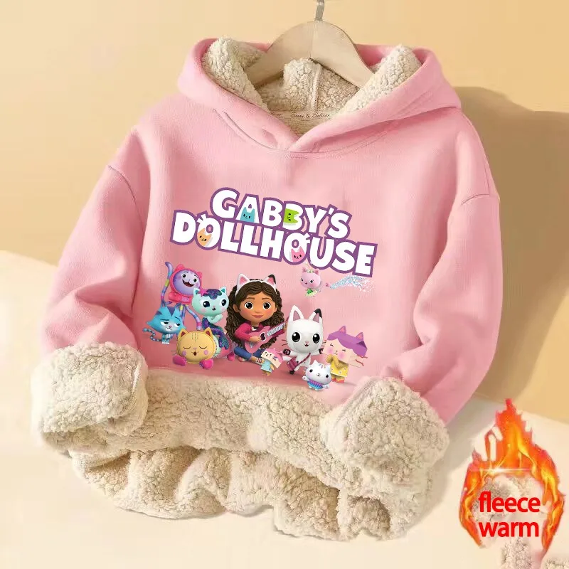 Gabby Dollhouse Kids Cashmere Hooded Sweatshirt Warm Comfortable Winter Clothes Cartoon Anime Graphic Print Sweatshirts Gifts