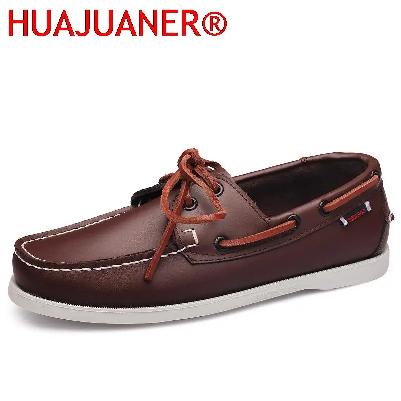 HUAJUANER 2023 Spring Solid Men\'s Boat Footwear Fashion Leather Loafers Slip On&Lace Up Casual Shoes Man Comfortable Lazy Shoes