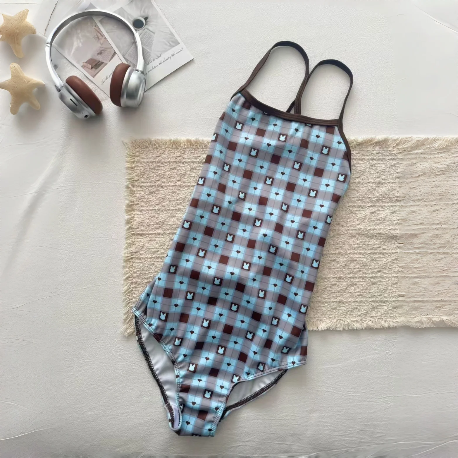 Professional Speed Swimming Suit Women's One-Piece Competition Swimwear Training Suit Leica Single- Layer Plaid Rabbit Design