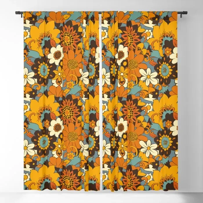 Vintage Floral Orange Yellow Blue Blackout Curtains 3D Print Window Curtains for Bedroom Living Room Decor Window Treatments