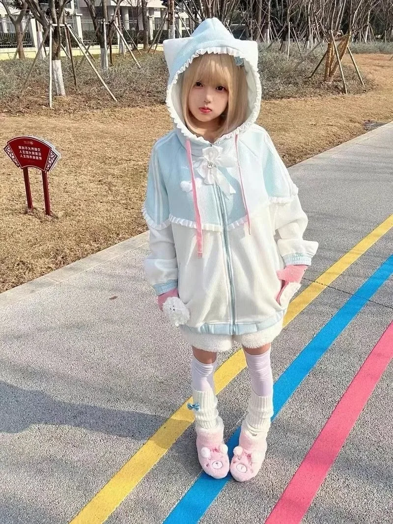 Japanese Kawaii Hoodies Women Casual Cartoon Cat Ears Coat Cute Sweatshirts Women Y2K Aesthetic Patchwork Pocket ​Streetwear view 3