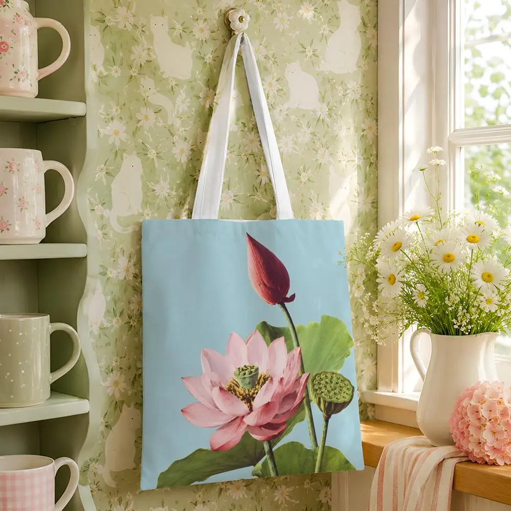 Ogawa Kazumasa Pastel Blue Lotus Reusable Canvas Tote Storage Bag Large Capacity Shoulder Carry For Shopping Travel Work School