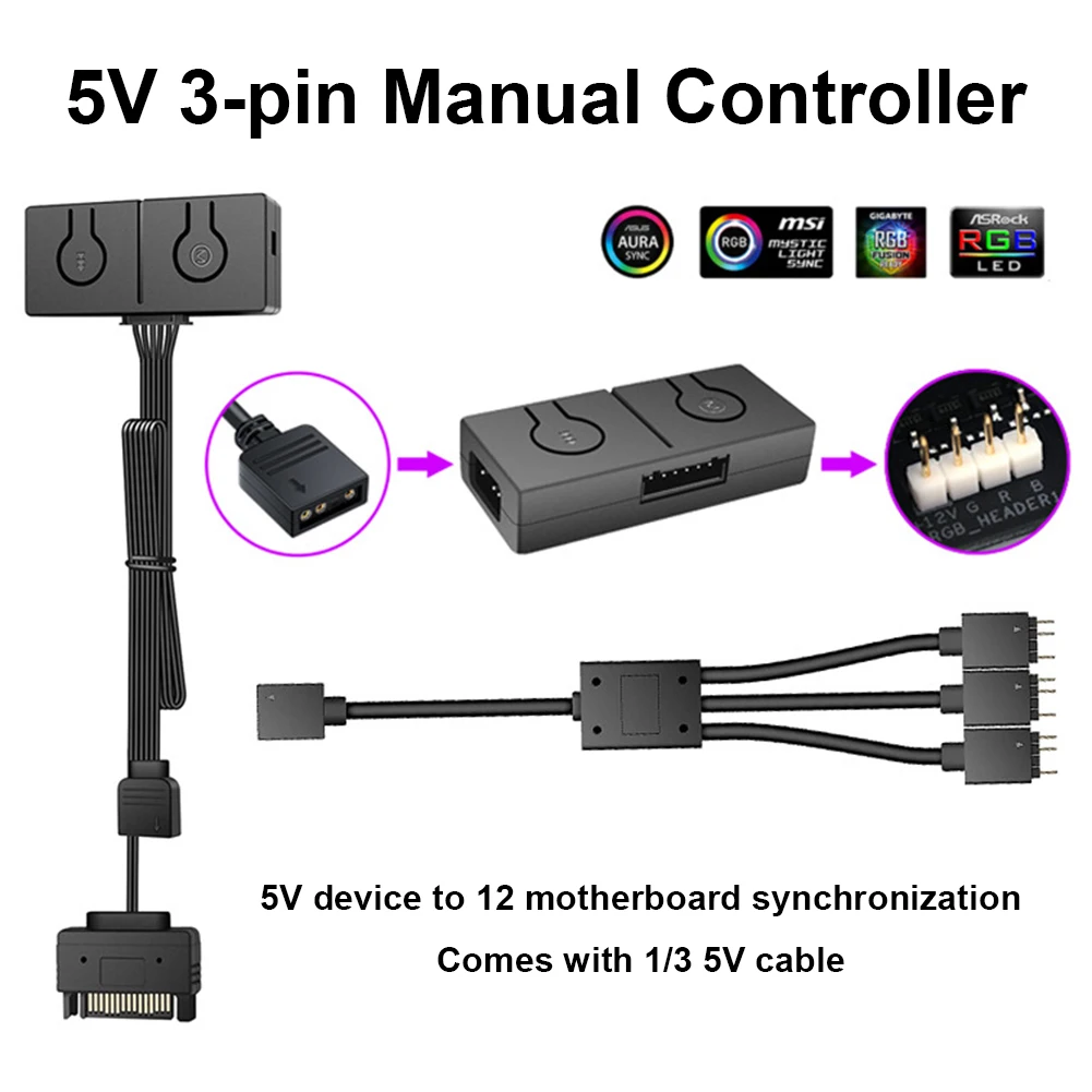 Conversor de ventilador 5v, 3pin, argb para 12v, 4 pinos, transferência de luz rgb, com divisor de 3 vias para sincronização asus, gigabyte, msi