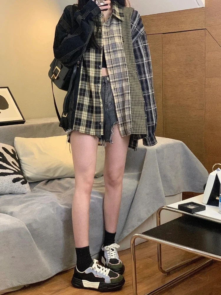 American High Street Blouses Plaid Turn Down Collar Long Sleeve Shirts Spring Harajuku Vintage Y2k Casual Loose Women\'s Clothing