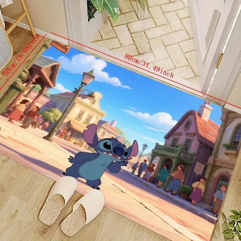 

1 шт. Коврик для пола Disney Lilo & Stitch Stitch, нескользящий коврик с милой мультяшной аниме-темой и ярким дизайном уличной сцены, мягкий и A