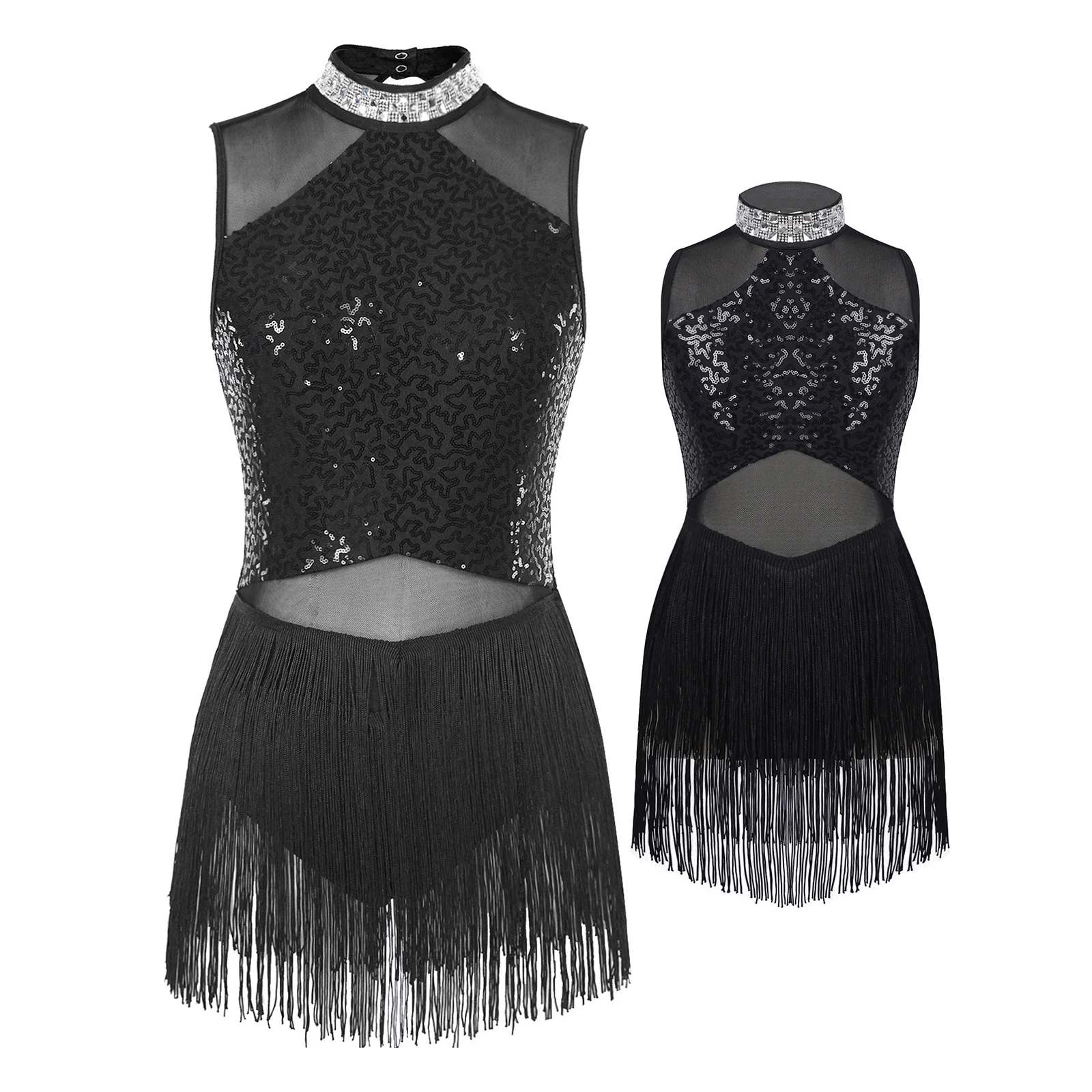 Womens Sequined Dance Dress Collar Fringed Leotard Mesh Patchwork Latin Tango Rumba Cha-Cha Samba Performance Costume