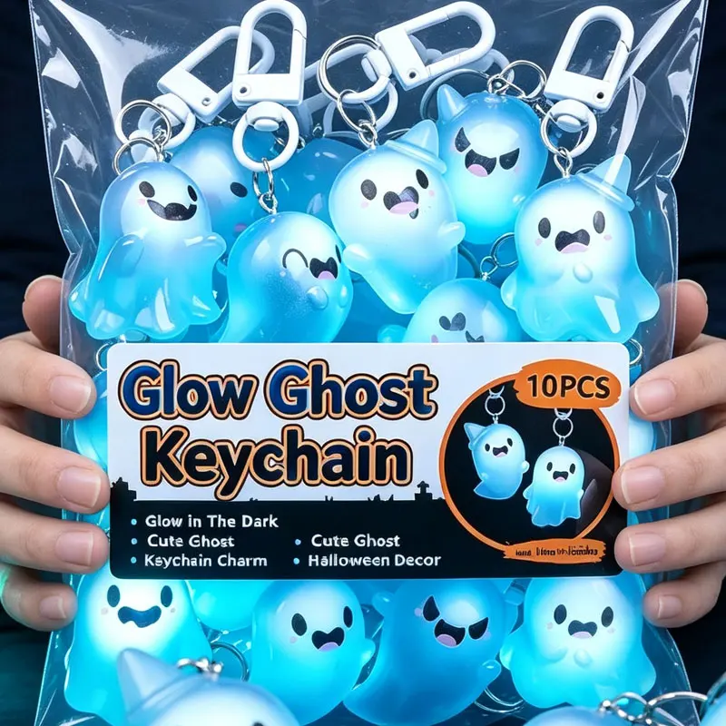 Luminous Halloween Ghost Cute Key Chain Cartoon Jelly Doll Phone Pendant Headphone Case Charm Bag Decor Car Key Rings 10-1PCS