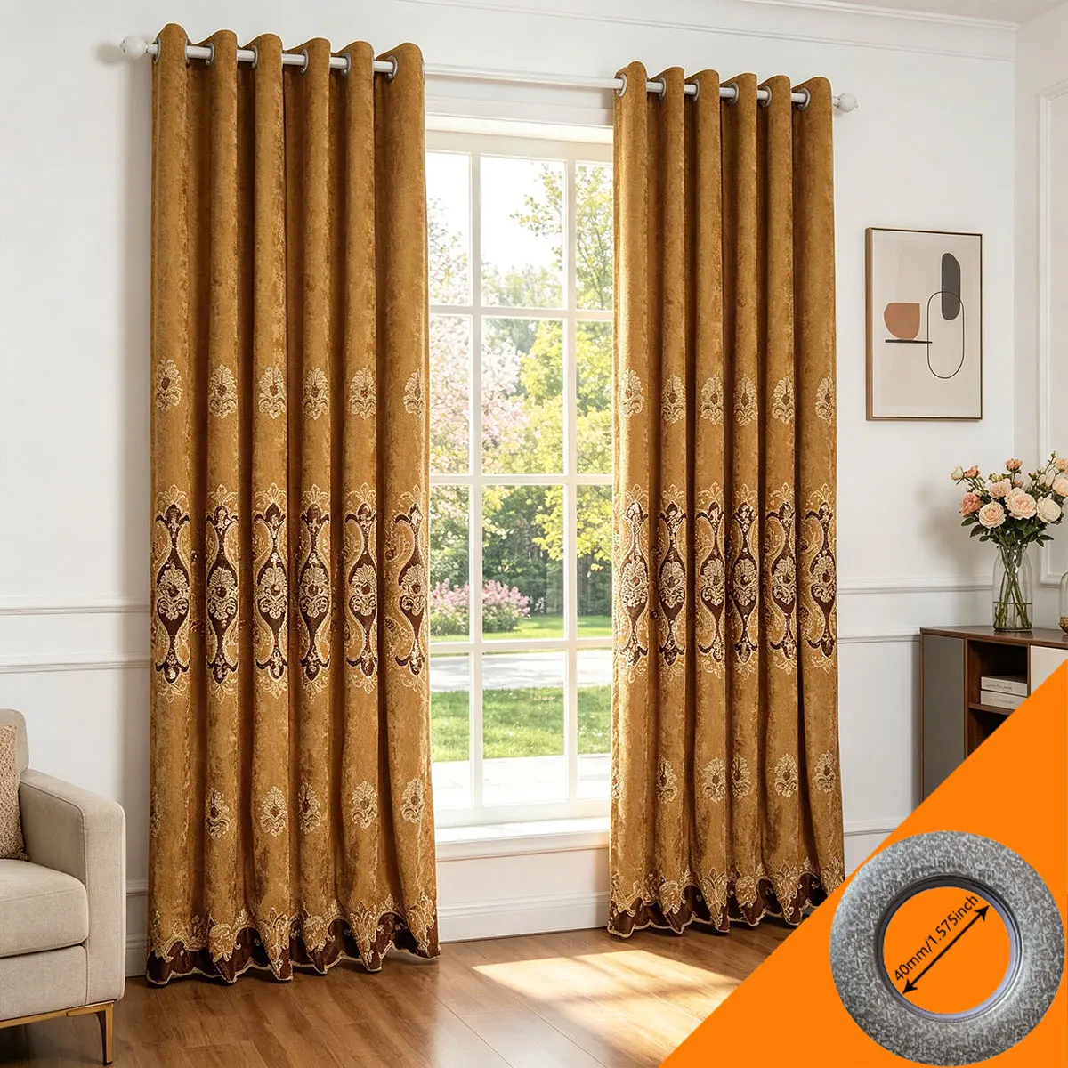 

2pcs Luxury Gold Embroidered Blackout Curtains, Thermal Insulated Chenille Drapes for Living Room