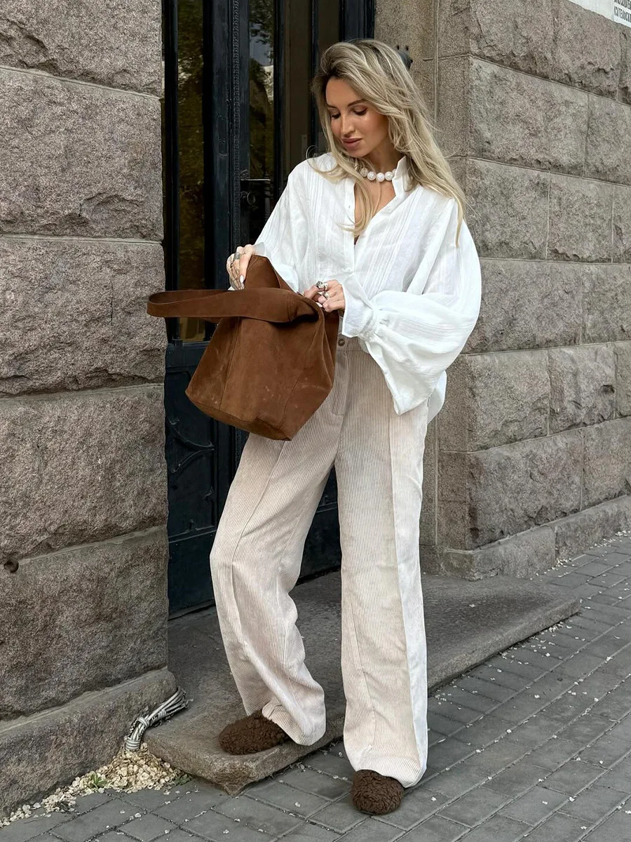 Blubelle القطن المرأة الجديدة الرجعية واسعة الساق السراويل فضفاضة تناسب سروال قصير عالية الخصر العصرية الخريف الشتاء موضة بنطلون