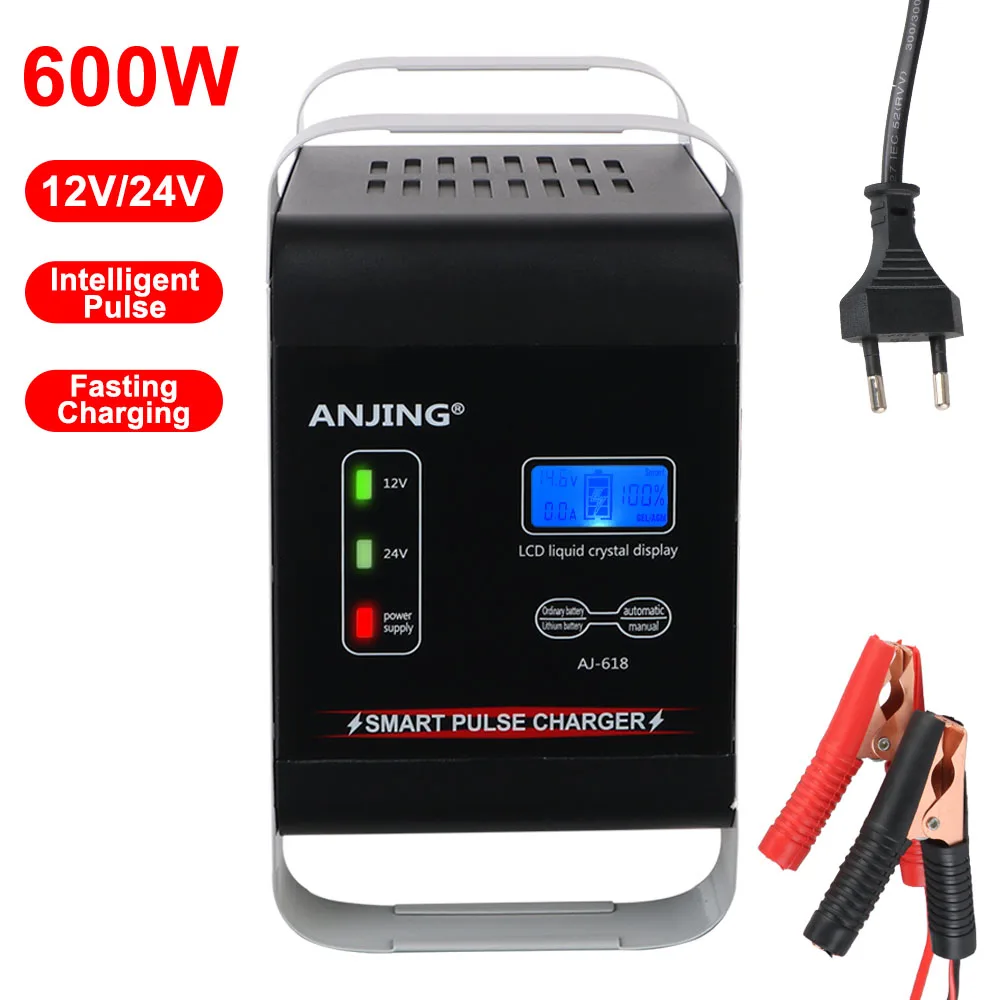 Pulse Repair Fully Automatic Car Battery Charger 12V/24V High Power 600W For Lithium Lead Acid Batteries EU Plug Intelligent