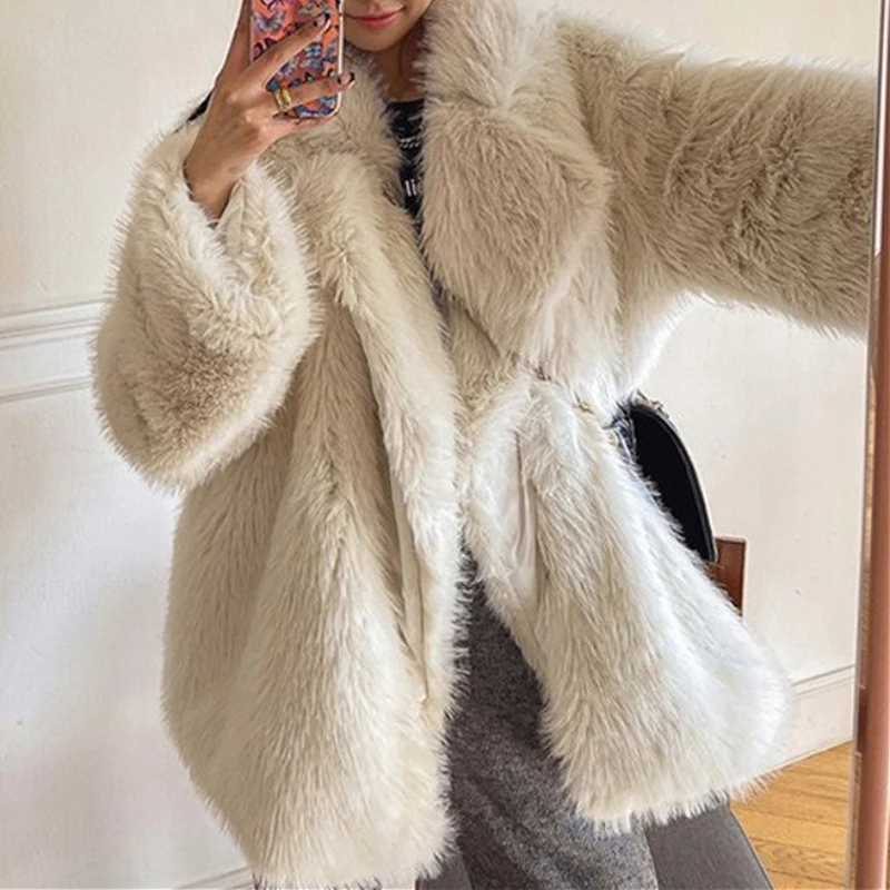 

Faux Fur Coats Women Y2k Jackets Turn Down Collar Long Coat Open Stitch Loose Thick Warm Fur Jacket Lady Autumn 2025 Winter