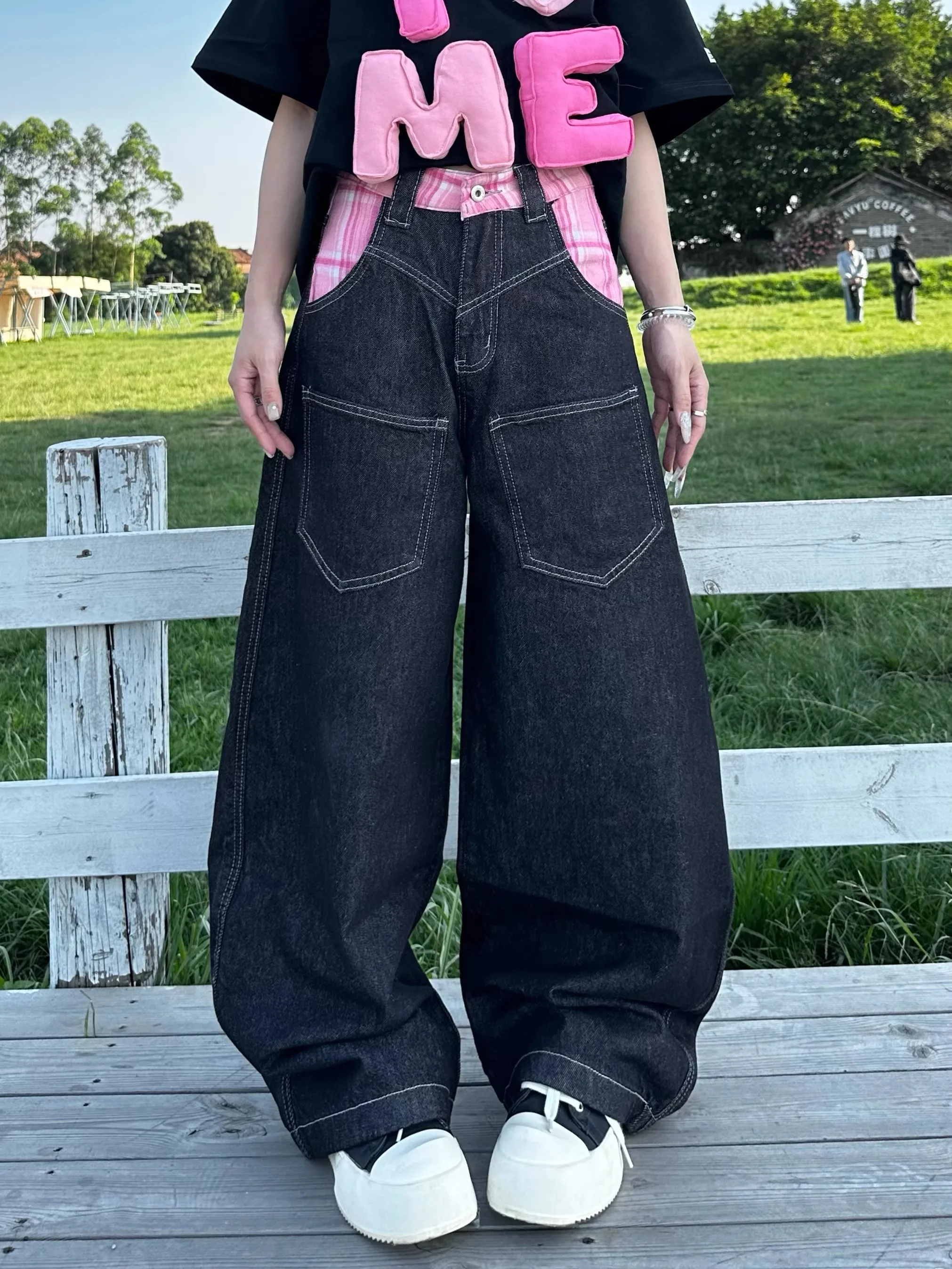 Calças Jeans Xadrez Retrô Americanas Unissex de Cintura Alta, Corte Reto e Perna Larga, Estilo Novo, Casual Juvenil