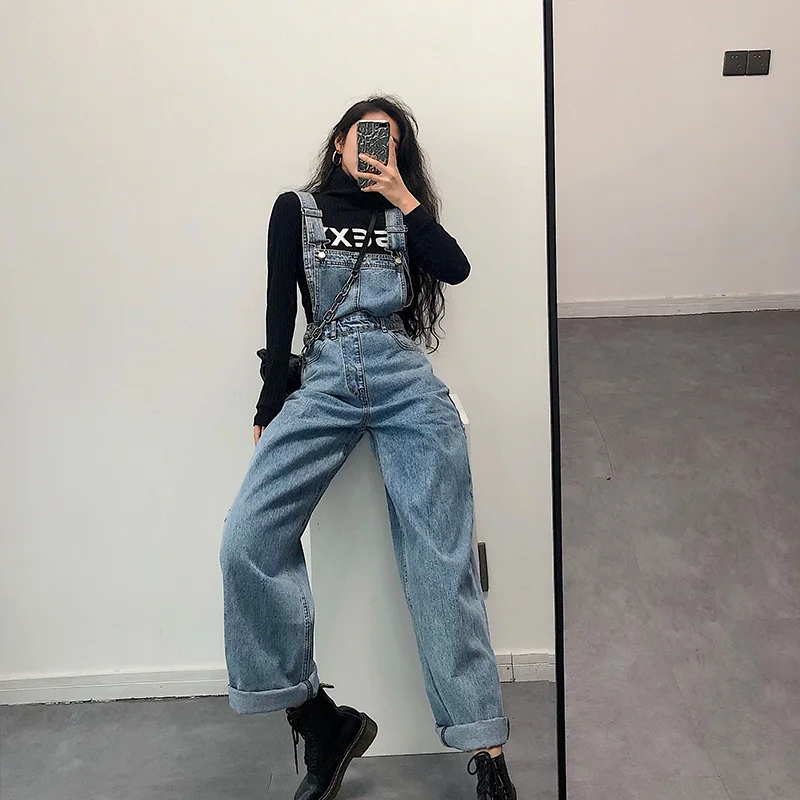 

Джинсовый комбинезон с высокой талией, широкими штанинами и прямым кроем, омолаживающий, стройнящий, длинные брюки для молодых девушек, модный повседневный деним