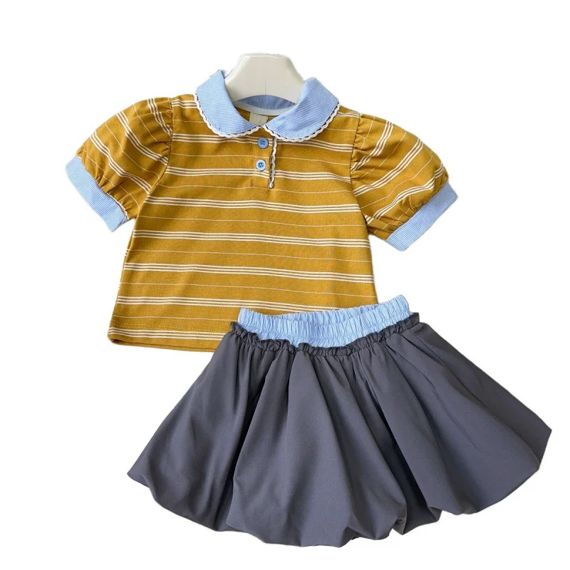 Children's Outfit New Summer Girls' Elegant Striped Casual Doll CollarTLantern Patterned T-Shirt+Two-piece overskirt suit