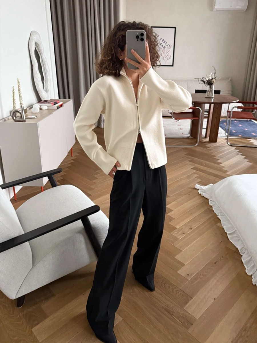 Wolfeel Women's Full Zipper Knitted Cardigan Long Sleeved 2026 European and American Style Loose Casual Daily Basic Top