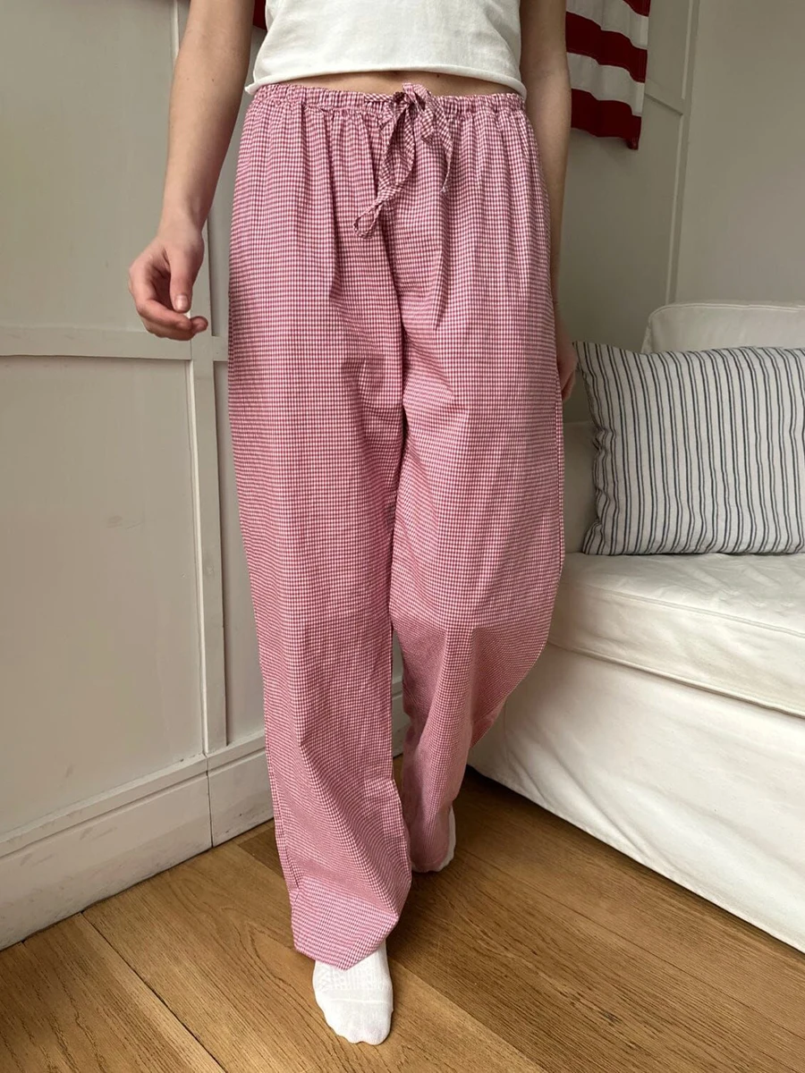 

Vintage Pink Plaid Drawstring Straight Sweatpants Woman Spring Low Waist Cotton Long Pant Female Streetwear Sweet Trouser New
