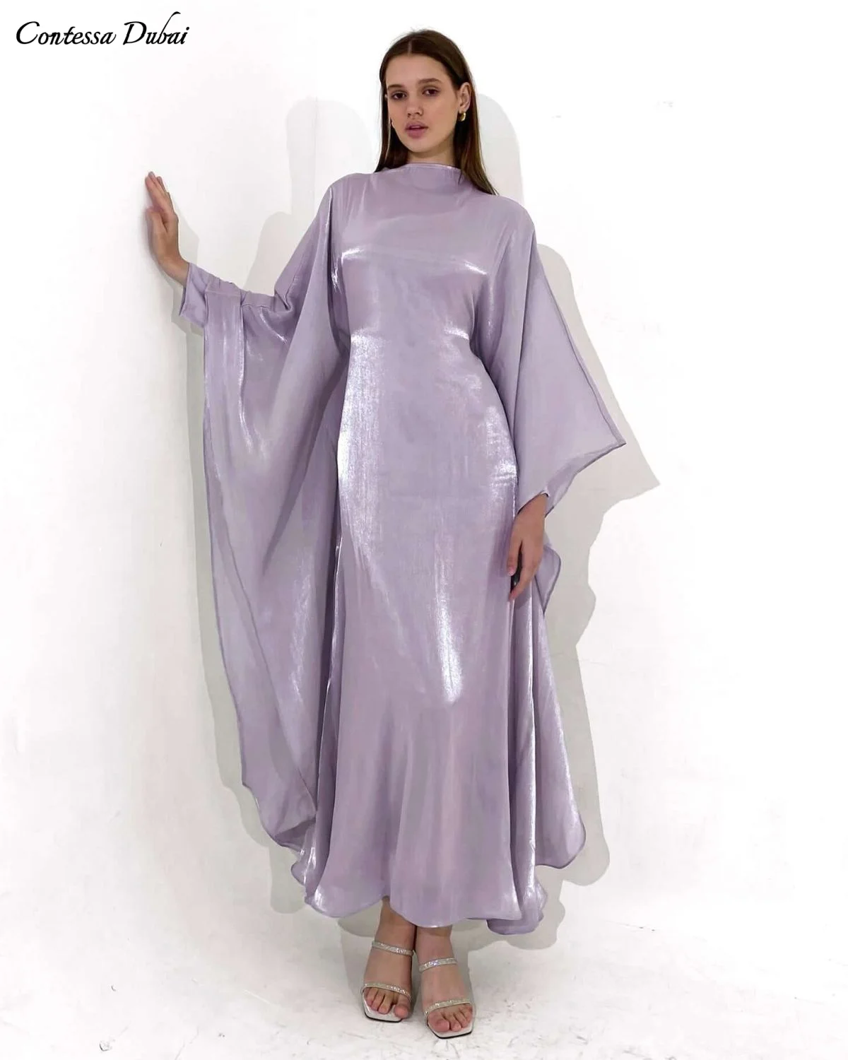 

Contessa Dubai Custom Shiny Purple Prom Dress High collar and long sleeves Vestidos de noche Column Formal evening events dress