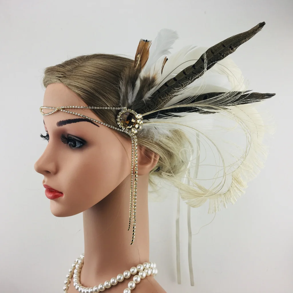 

Gatsby Feather Headband for Woman Shiny Rhinestone Chain Tassels Vintage Forehead Decorations 1920s Gatsby Party Headpiece 2022