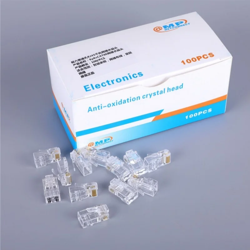 Cat6 Ultra Class RJ45 through Hole 8P8C Pierced Pure Copper Gold Plated Crystal Head Non-Shielded Ethernet Connector